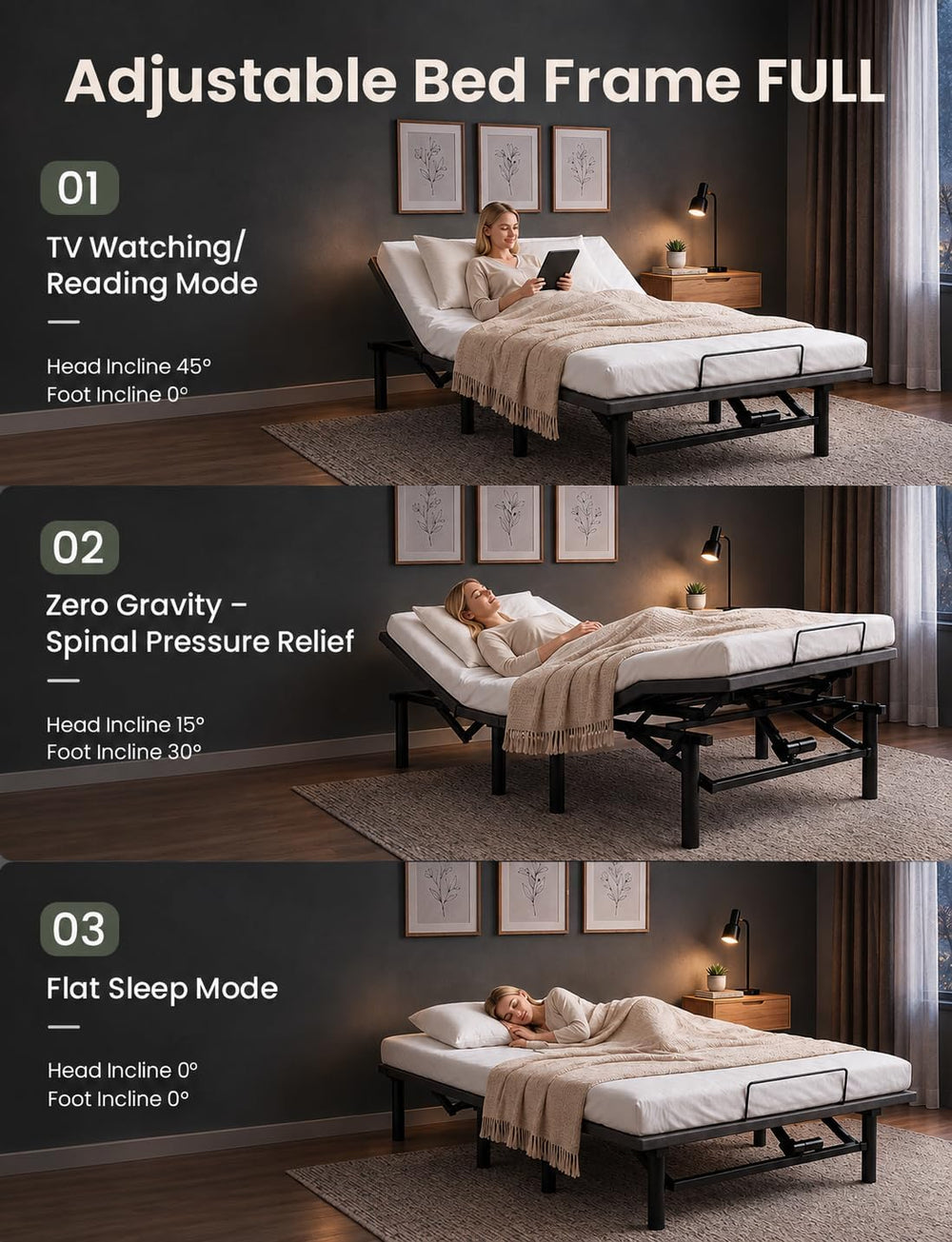 Full Size Adjustable Bed Frame with Remote & USB Ports, Zero Gravity