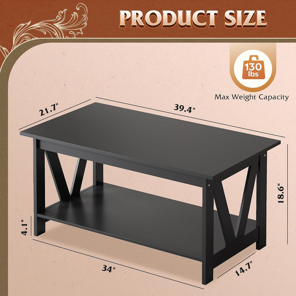 WLIVE 39.4" Farmhouse Coffee Table, Wood Center Table Storage Black