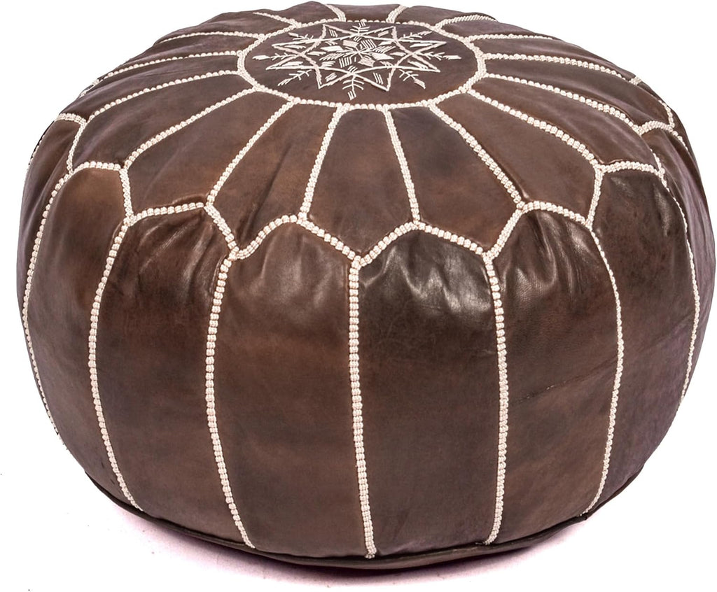 Moroccan Leather Handmade Pouf Ottoman Cover, Unstuffed Foot Stool, Round Boho Footrest for Living Room, Bedroom, Home Decor Gift (Brown By White)