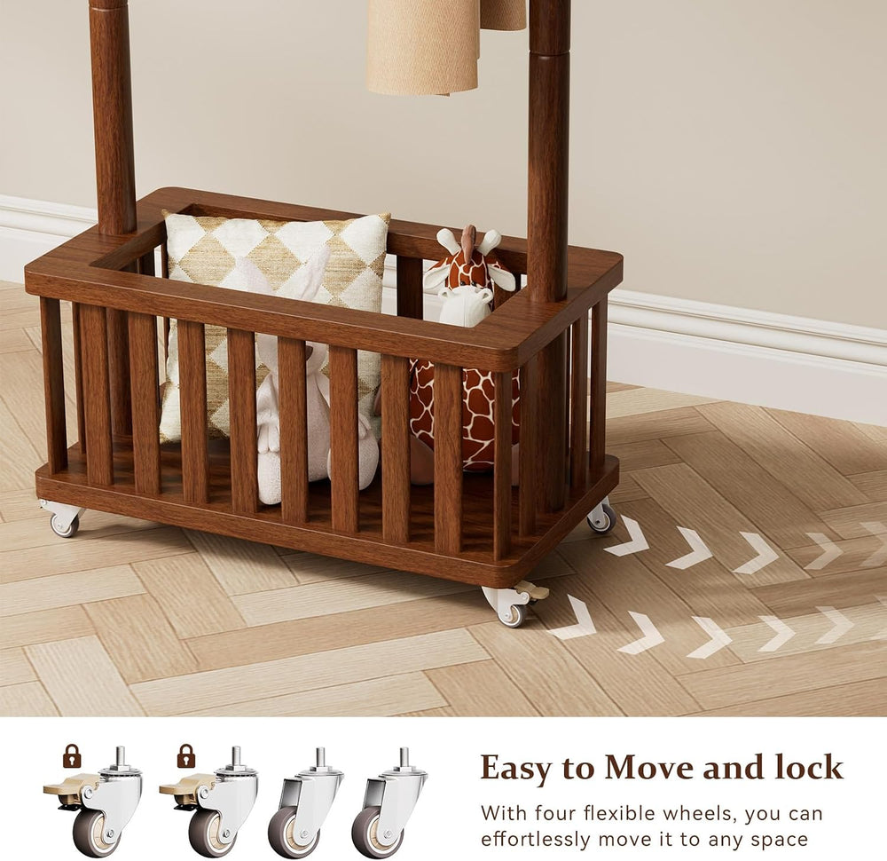 Taitiy Solid Wood Coat Rack with Wheels, Freestanding Coat Tree with Removabl...