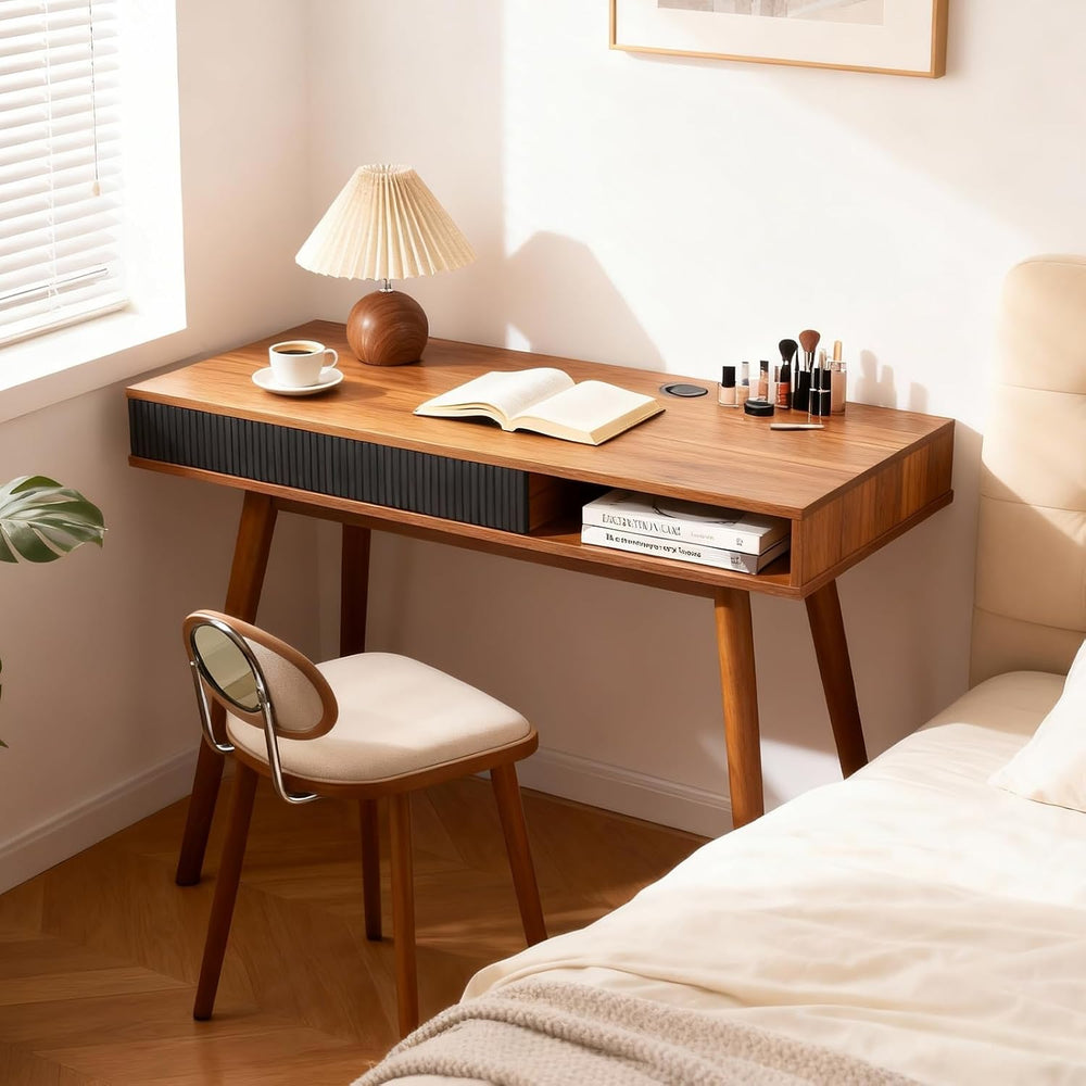 Walnut Wood Desk with Drawer, 42.5" Mid Century Modern Writing Desk