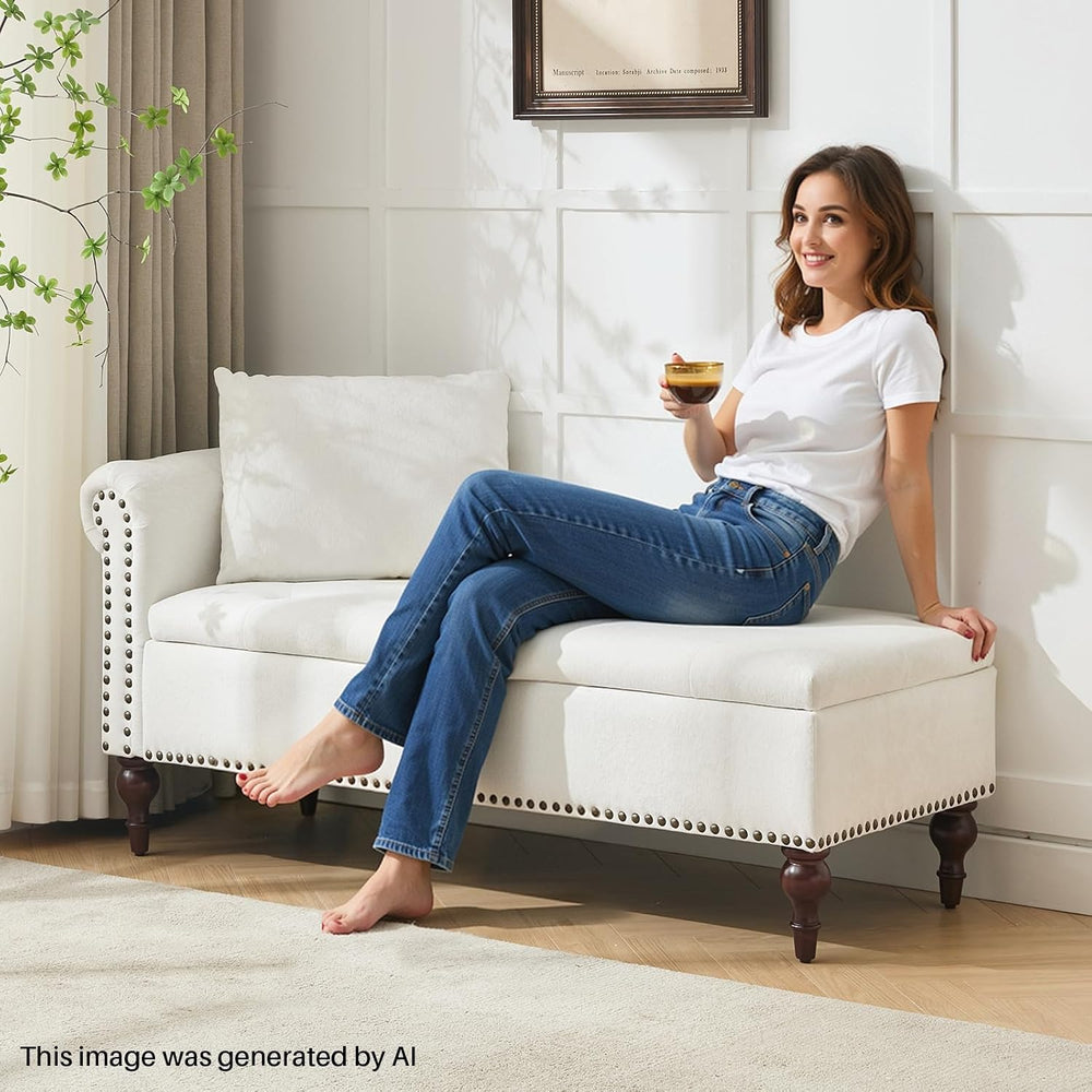 SOFTHION Velvet Chaise Lounge with Storage & Left Armrest, White