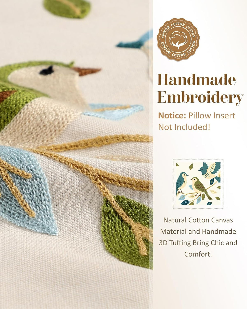 Animal Embroidered Throw Pillow Covers 18x18 Inch, Birds Leaves