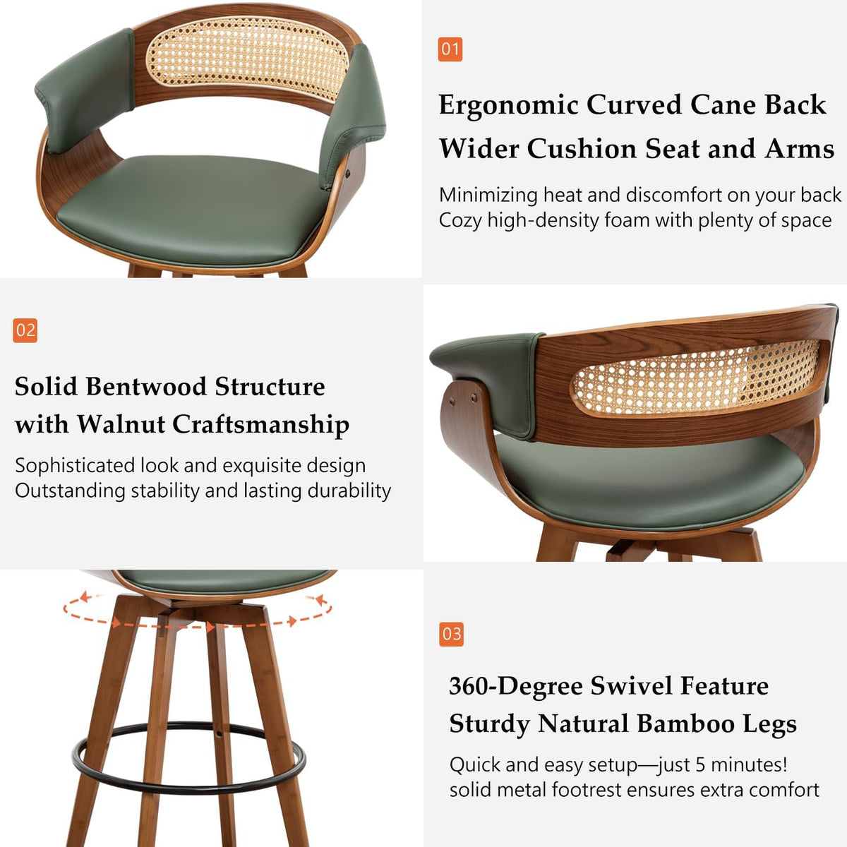 Rattan Swivel Counter Stools, Mid Century Modern Counter Stools with Back