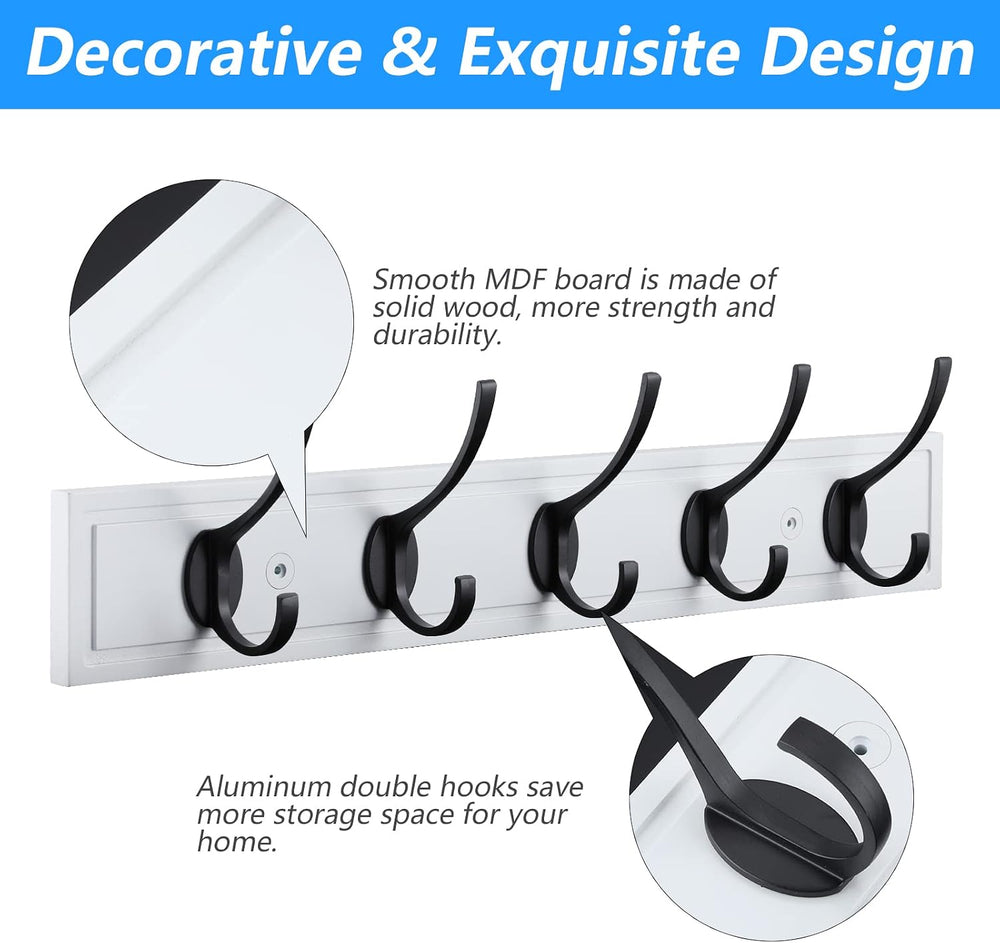 Wall Mounted Coat Rack, 27 Inch MDF Board with 5 Double Hooks, White