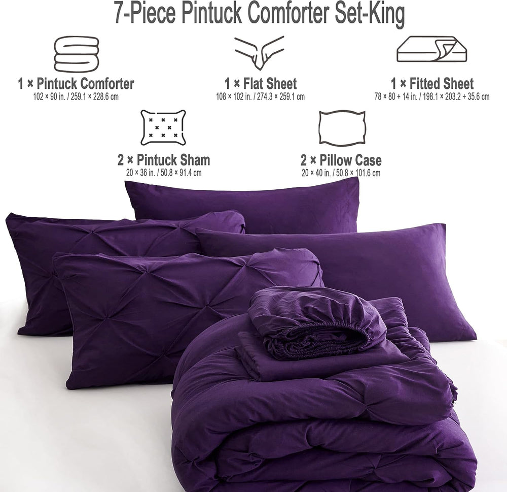 Ubauba 7pc King Size Comforter Set with Sheets, All Season Pintuck 7 Piece Be...