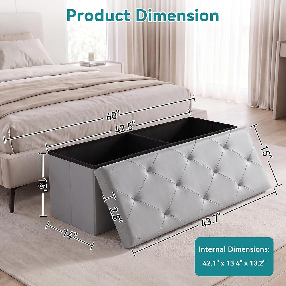 OLIXIS 43 Inch Foldable Storage Ottoman Bench, Leather Ottoman with Storage