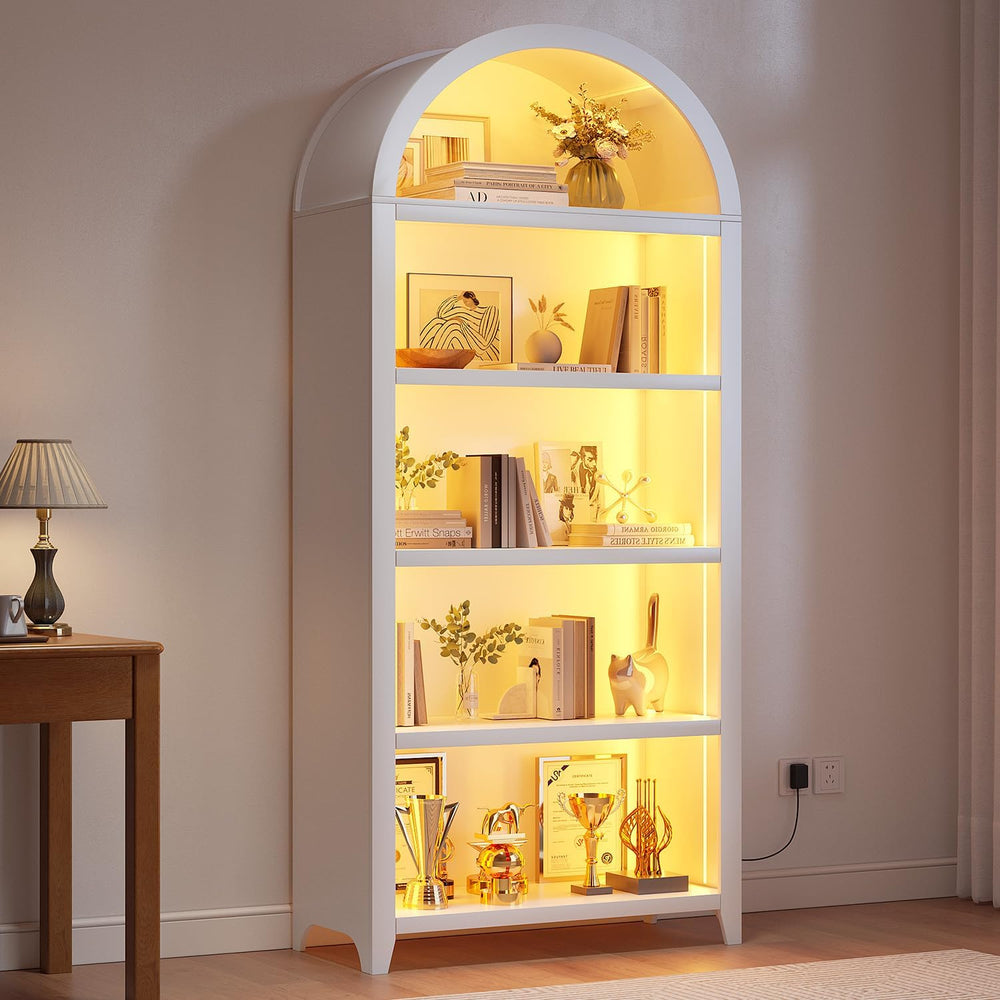 5-Tiber Arched Bookcase with 3-Color Lights & Motion Sensor, White
