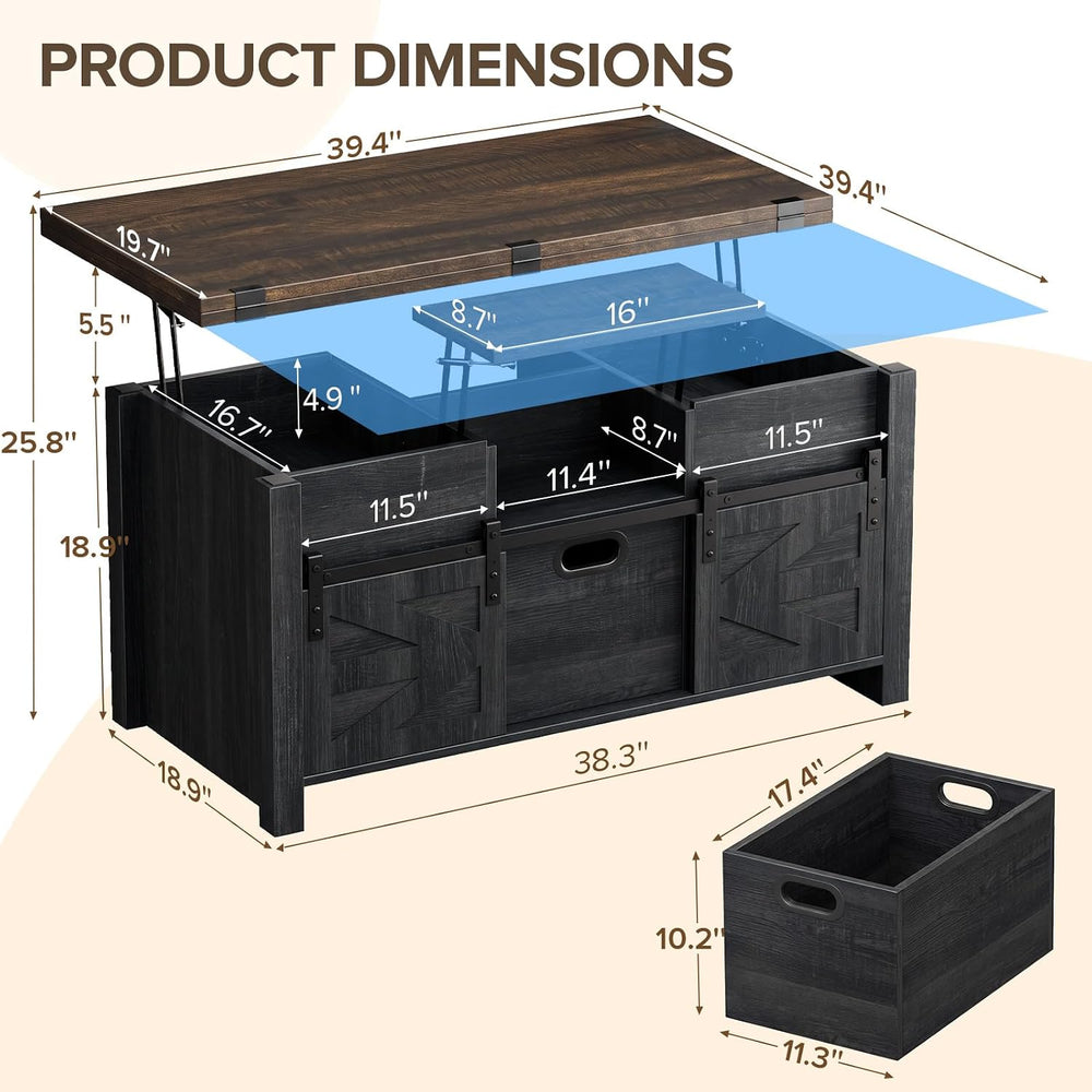 Memobarco 40" Farmhouse Lift Top Coffee Table with Storage Drawers,Black