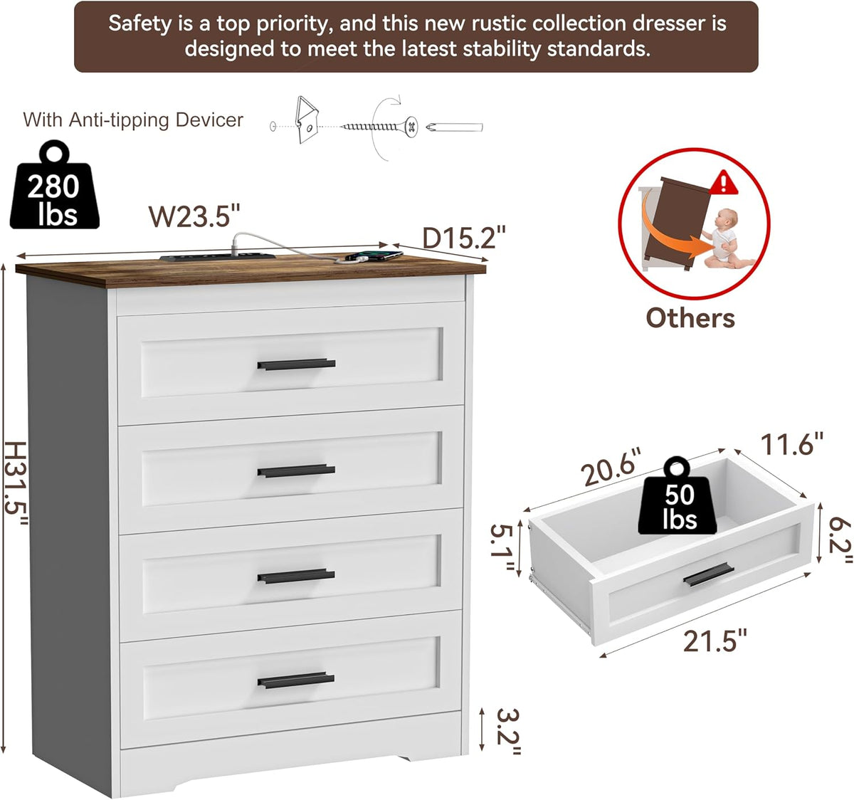 GEPELCN Farmhouse 4 Drawers Dresser for Bedroom Rustic Chest of Drawers with Natural Texture White Drawers Organizer for Living Room Hallway