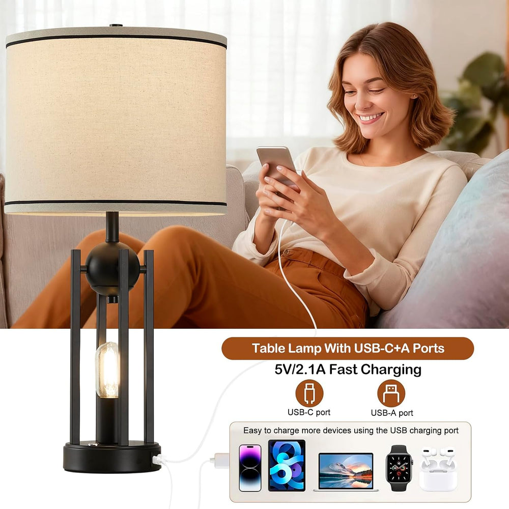 Upgraded Dual-Light Table Lamp Set of 2, USB C+A Ports-Black 25''