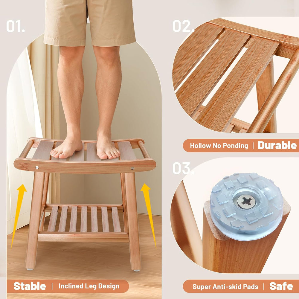 Bamboo Shower Stool Bench,Shower Chair for Inside Shower with Storage Shelf