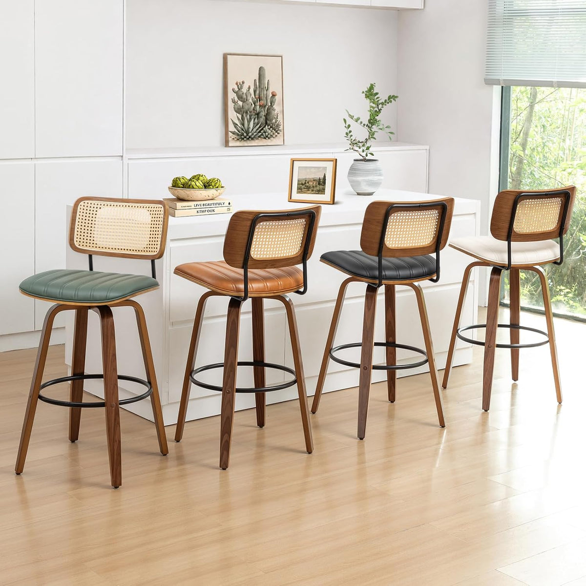 Bar Height Bar Stools, Rattan Swivel Bar Stools with Walnut Craftsmanship
