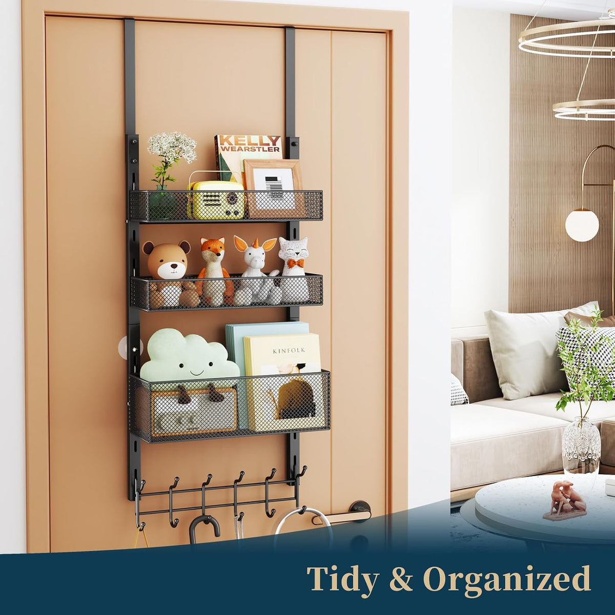 Consumest Over The Door Hooks Organizer - 4 Tier Door Coat Rack with 3 Baskets & 12 Hooks, Stainless Steel Towel Hanger for Bedroom, Bathroom, Living Room, Black
