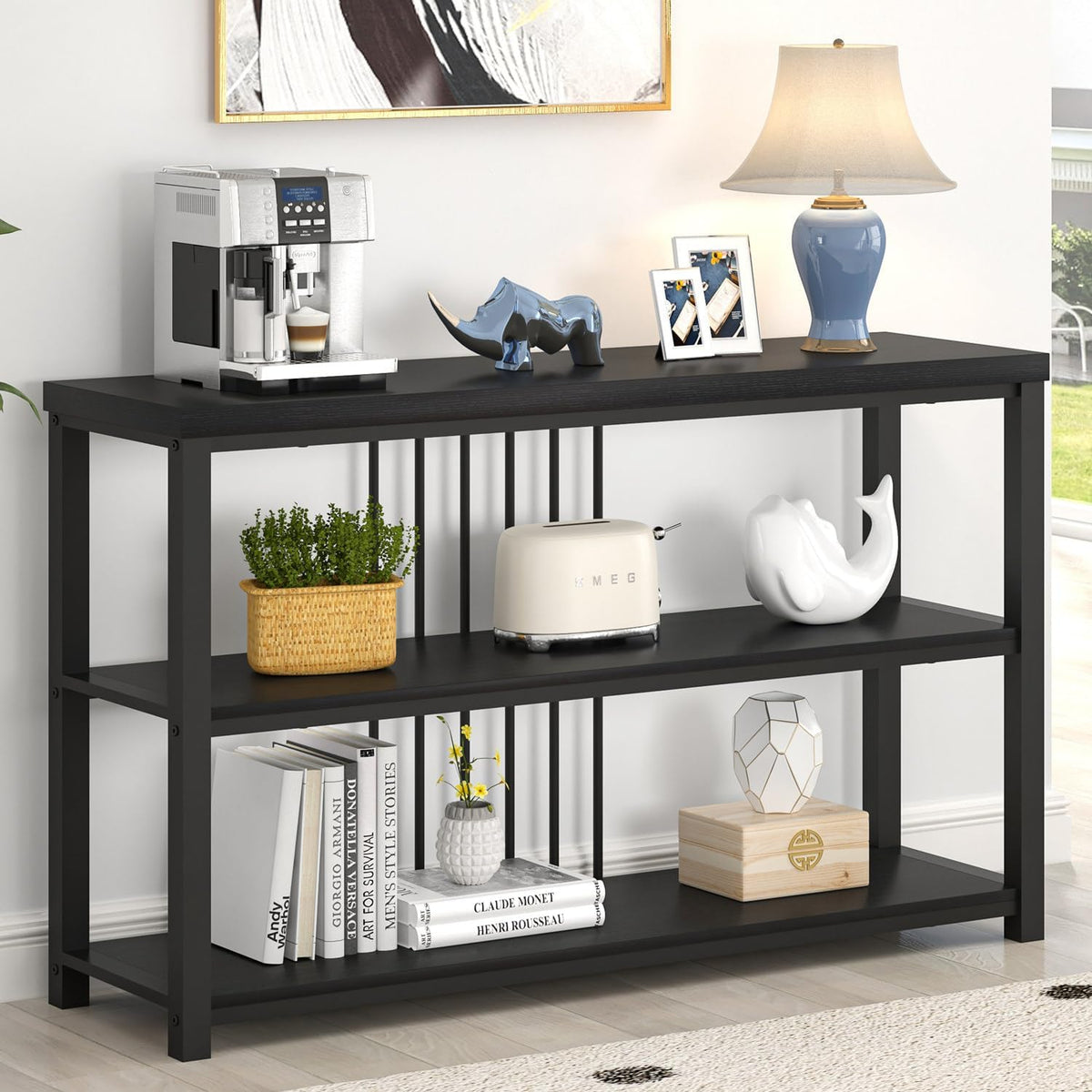 FOLUBAN Entryway Table, Modern Sofa Console Table with 3 Tier Storage Shelf for Living Room Hallway Foyer, Industrial Black Oak