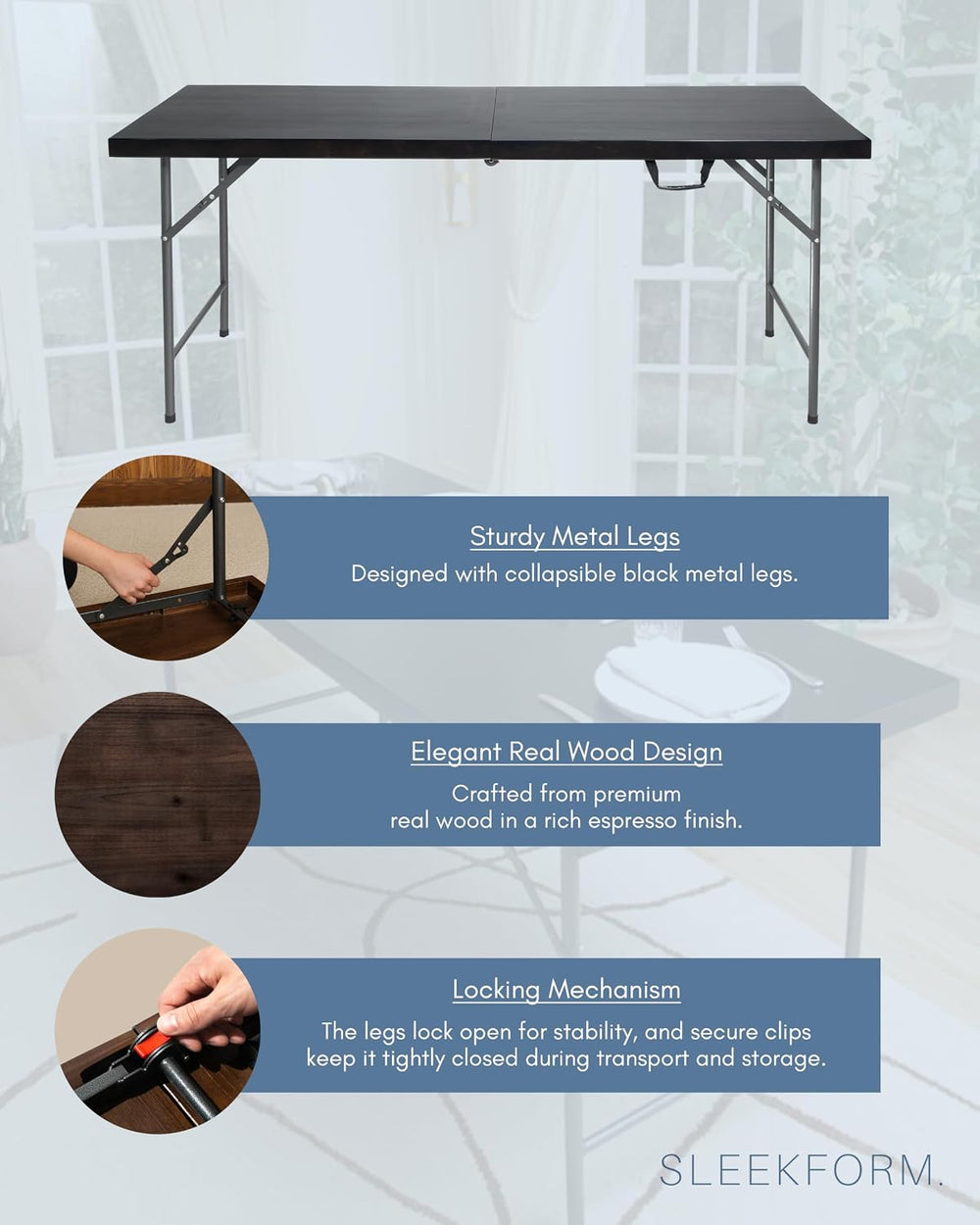 Sleekform 6 Ft Wooden Folding Banquet Table, 28 Inch, with Carry Handle