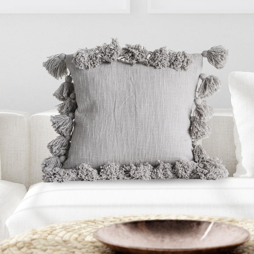 Grey Square Cotton Pillow with Tassels