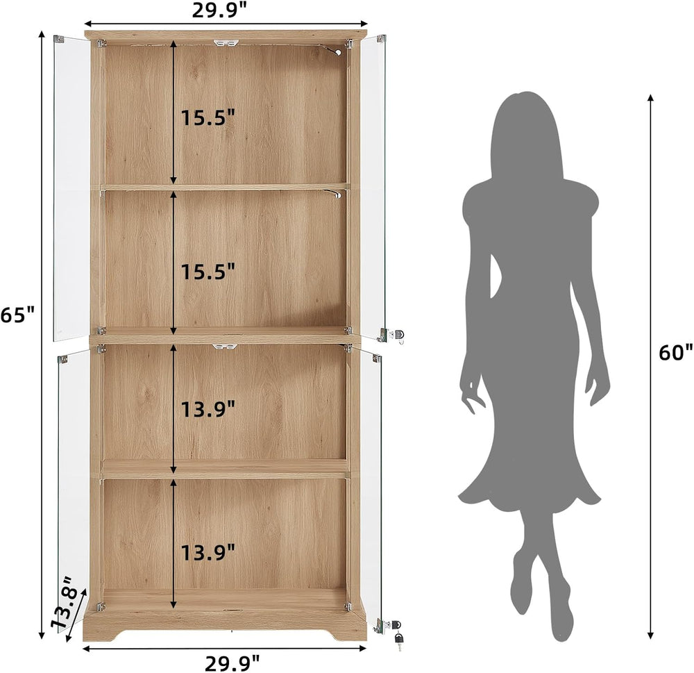 LELELINKY Farmhouse Glass Display Cabinet with Lock, Natural Wood