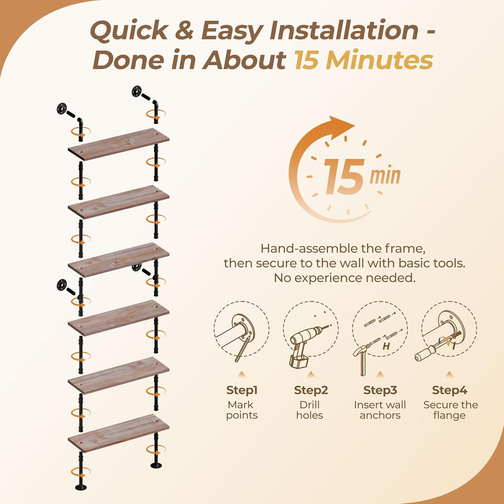 Industrial Pipe Bookshelf, Wall Mounted Shelf, 36 Inch, Weathered Brown
