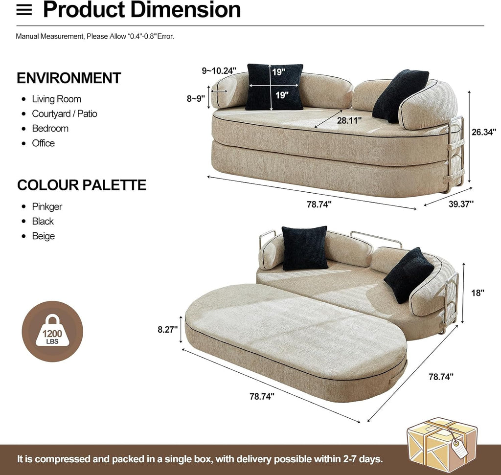 4-in-1 Folding Convertible Sofa Bed, 78 Inch Compression Oversized Corduroy Upholstered Boneless Couch with Fixed-Shape Frame, Loveseat Sleeper with Pull Out Bed, Modular Futon Couch,Beige