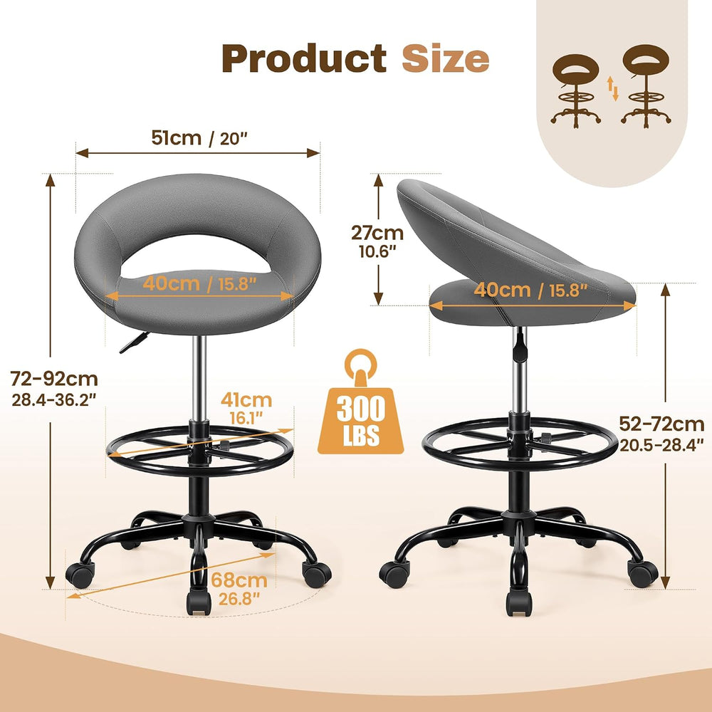 BESTFAIR Ergonomic Drafting Chair, Height Adjustable Rolling Stool, Gray