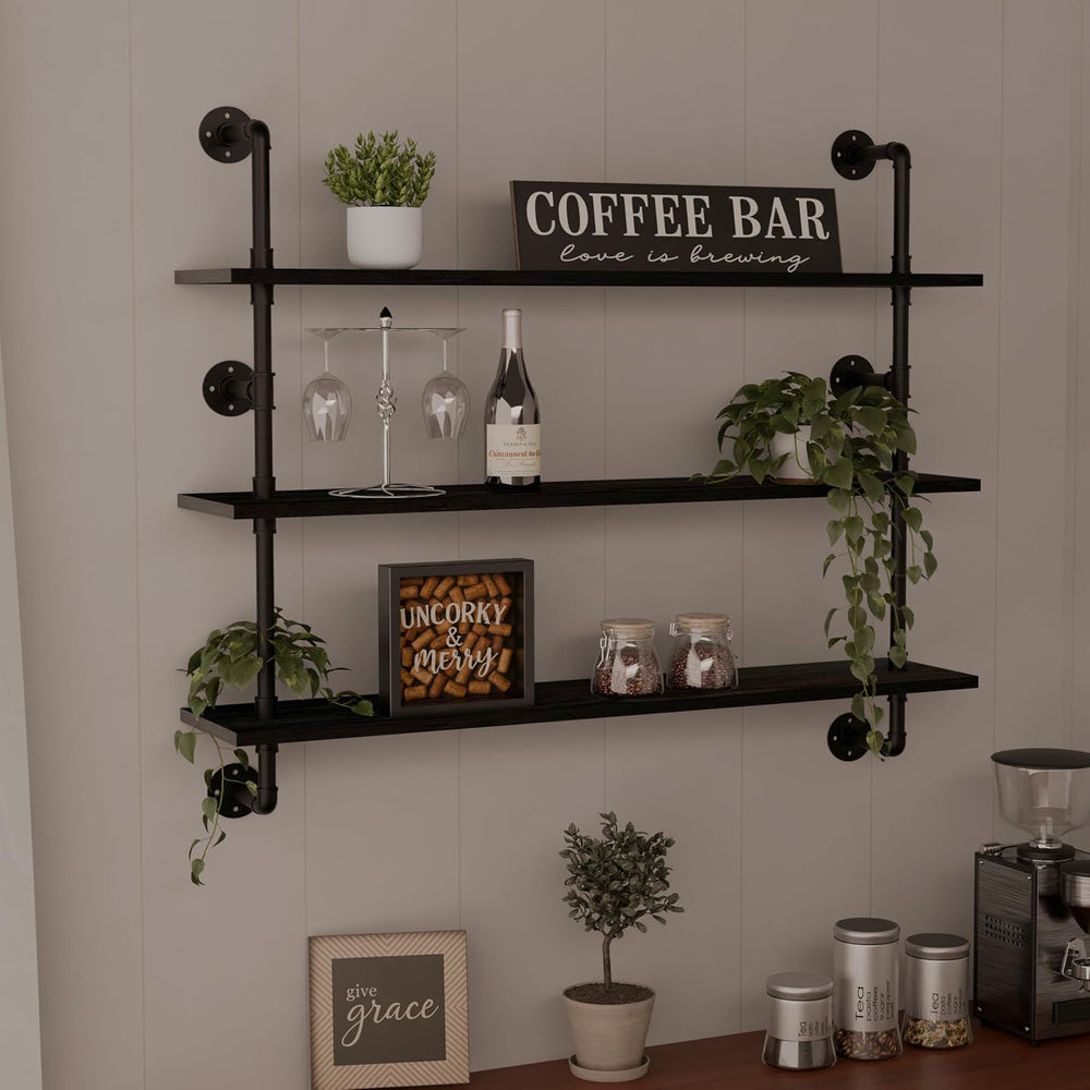 HDDFER Industrial Pipe Shelving Rustic Black Wall Shelves with Wood Planks In...