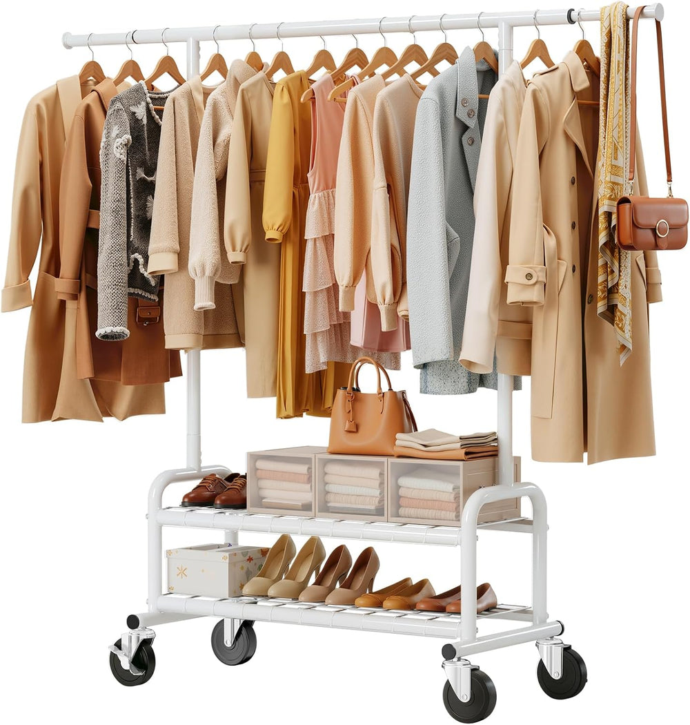 Clothes Rack Heavy Duty, 550 LBS Rolling Clothing Rack with Wheels, White