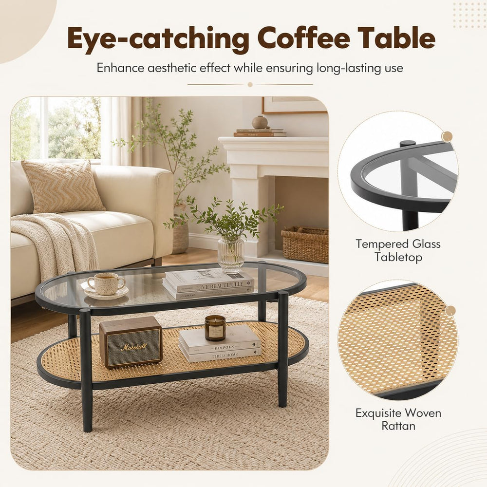 NAFORT Rattan Coffee Table, 2-Tier Oval Modern Center Table with Tempered Gla...
