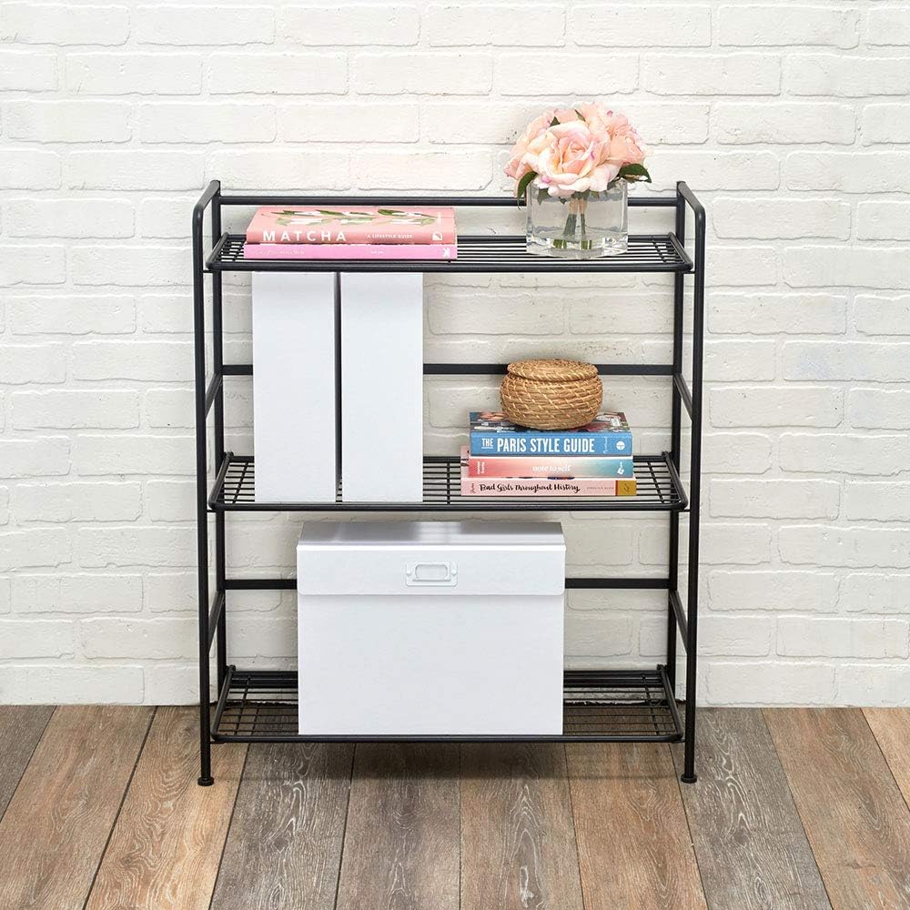 folding metal bookcase, 3 shelves, wide, black, close-up detail