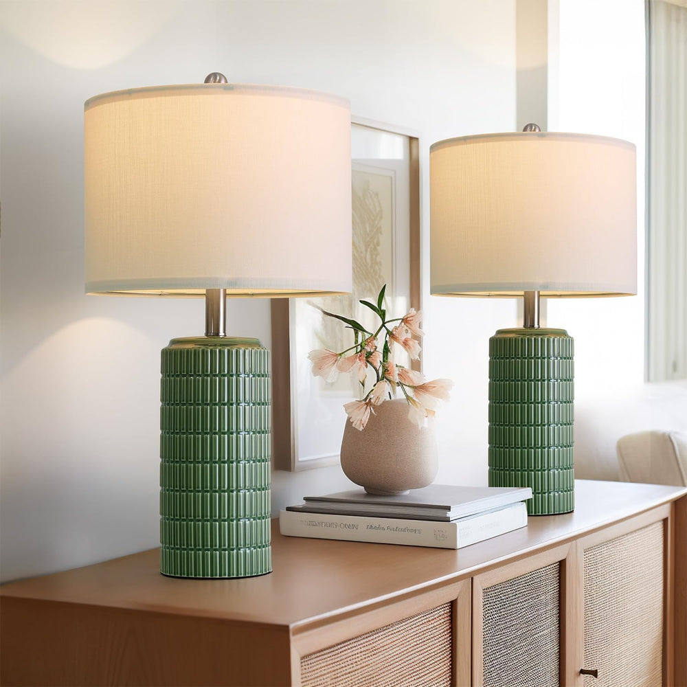 PoKat 23" Dark Green Ceramic Table Lamps Set of 2, Modern Table Lamps fo...