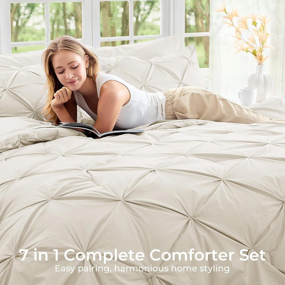 Sasttie Queen Comforter Set, 7-Piece Bed in a Bag, Pintuck Bedding Sets for A...