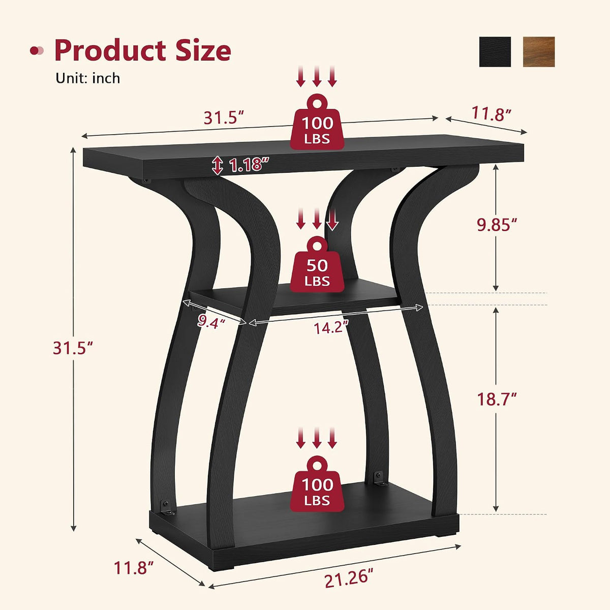 Tajsoon 3-Tier Farmhouse Console Table for Entryway 31.5", Black