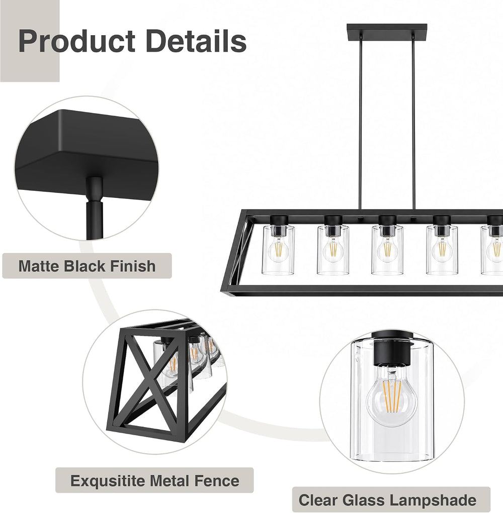 Dining Room Light Fixture, 5 Light, Black, Adjustable, Thickened, Trapezoid