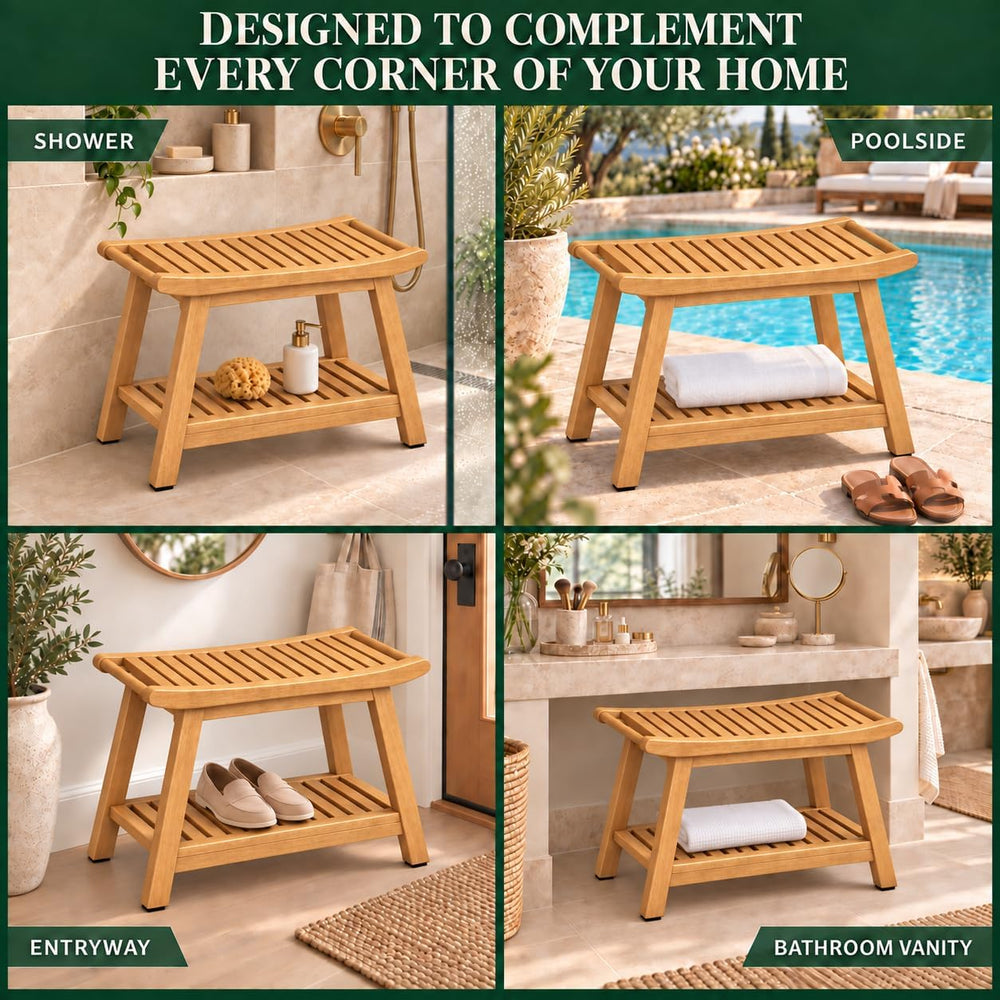 Wood Shower Bench for Inside Shower, 24" Stool Chair with Shelf