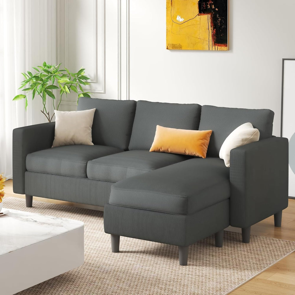 JAMFLY 3-Seat Reversible Sectional Sofa with Ottoman, Small Couch, Grey