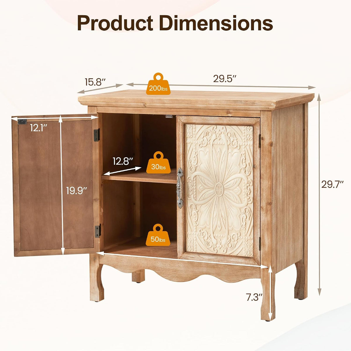 RoyalCraft Sideboard Buffet Kitchen Storage Cabinet, Solid Wood Credenza Accent Cabinet, Cupboard Console Table with 2 Craved Decorated Doors for Dining Room, Living Room, Hallway (Natural)