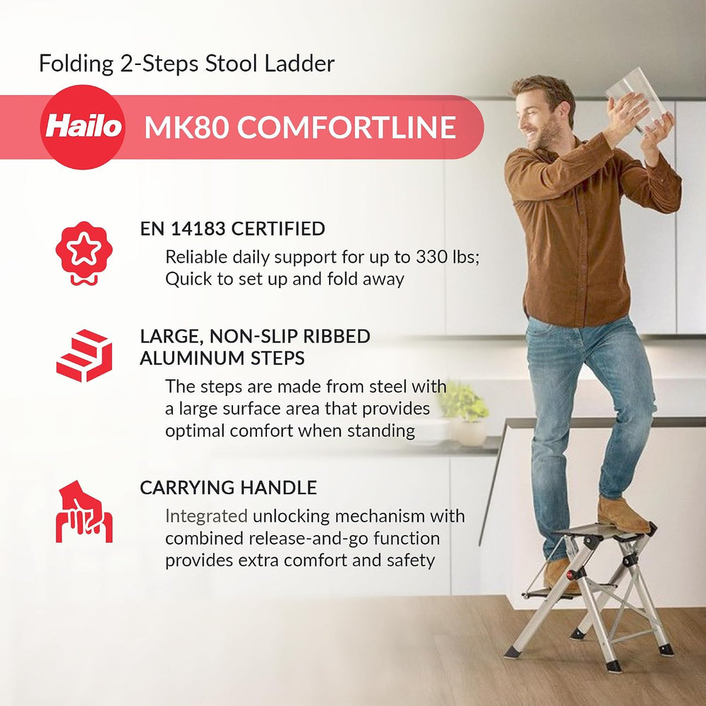 MK80 Mini Steel Step Stool Silver - Two Large Anti-Slip Steps