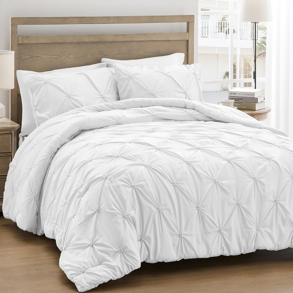 UNIKOME King Size Comforter Set White - Ultra Soft Boho Pintuck Down Alternat...
