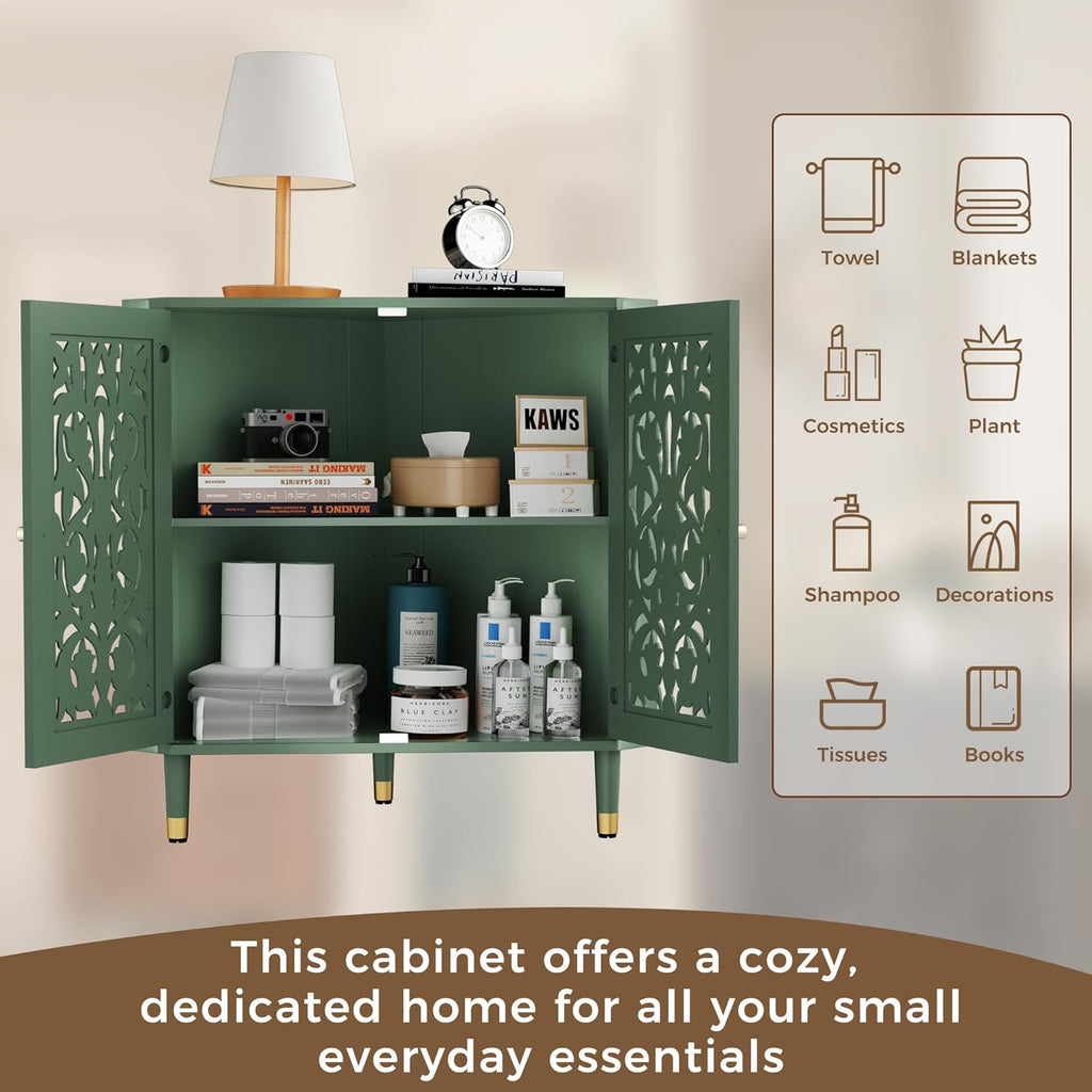 3More Retro Hollow Carved 2-Door Accent Corner Storage Cabinet Green