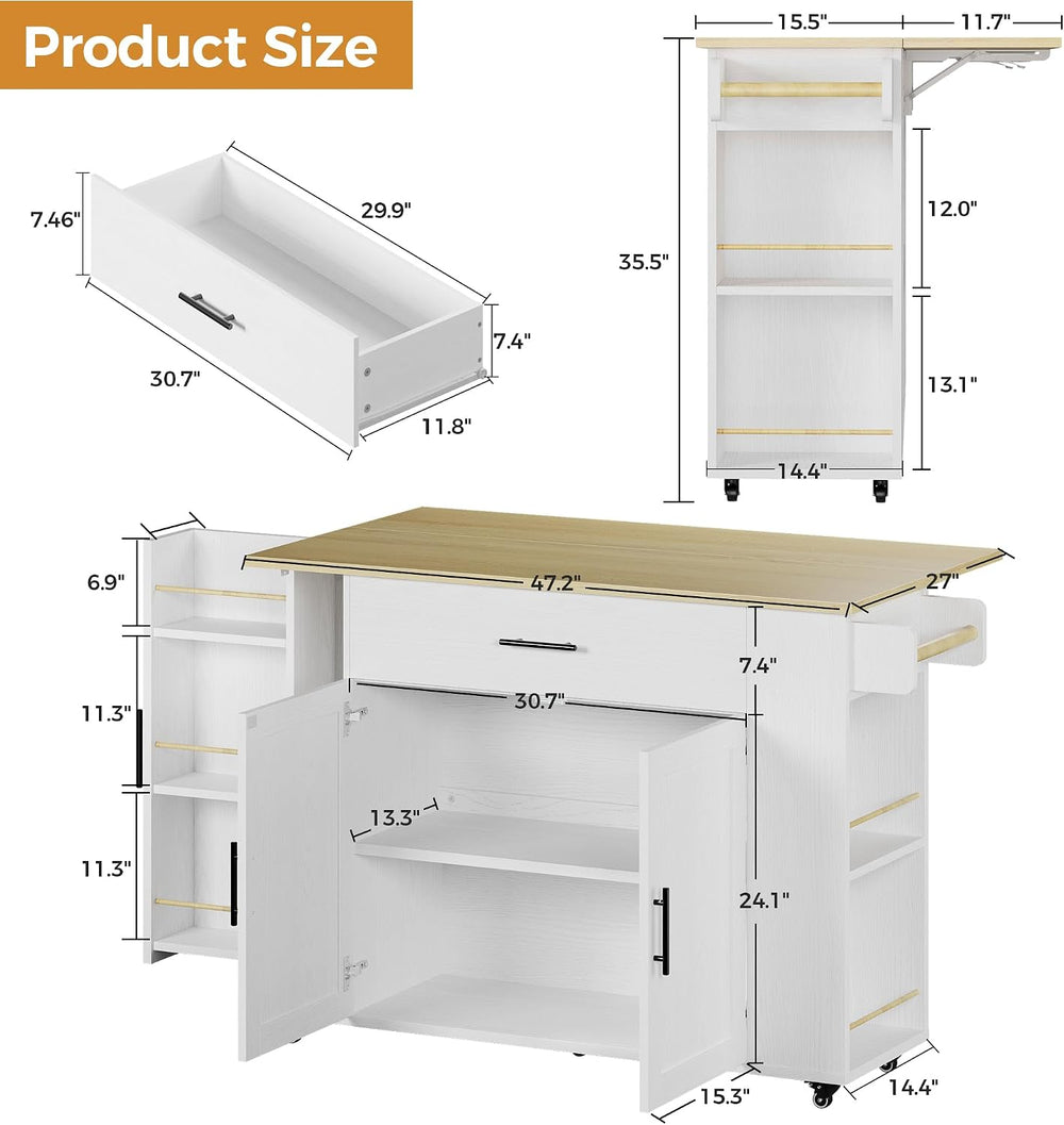 IRONCK Kitchen Island with Storage, 47.2in Rolling Island on Wheels, Kitchen ...