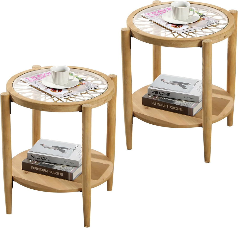 RUSTOWN Rattan Nightstands Set of 2, Boho Round End Tables with Glass Top