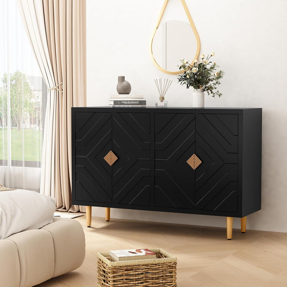 HLR 48'' Modern Sideboard Buffet Storage Cabinet with 4 Doors, Black