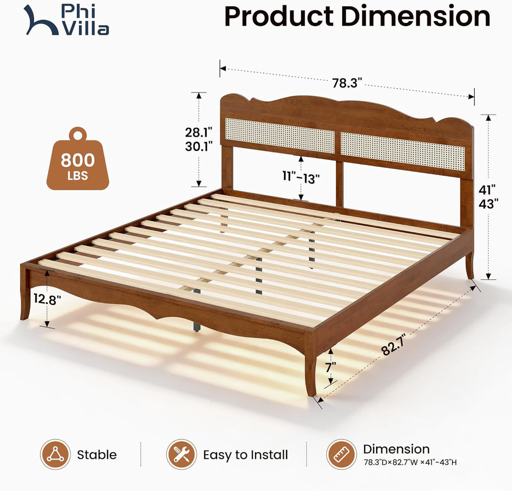 PHI VILLA Solid Wood King Size Bed Frame with Adjustable Headboard