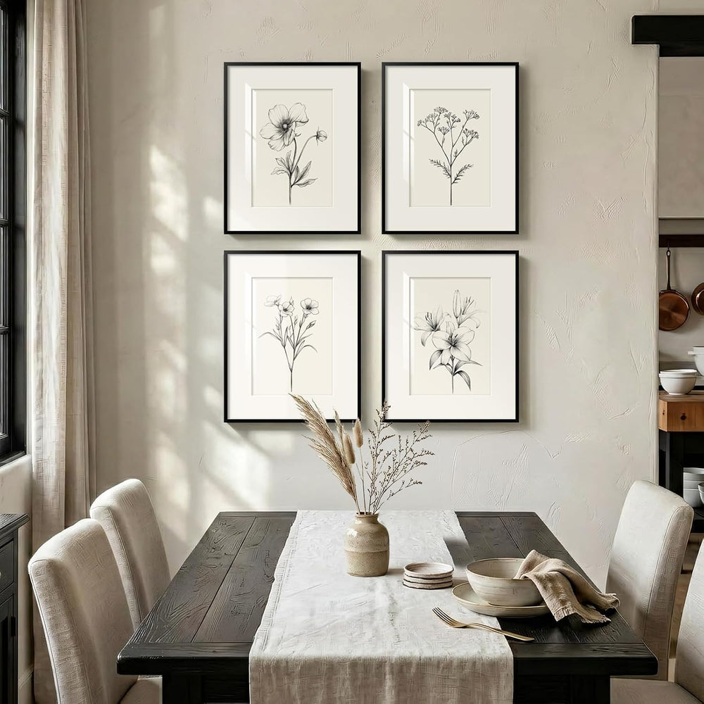 Framed Black and White Botanical Wall Art for Bathroom, 4 Piece 11x14 In