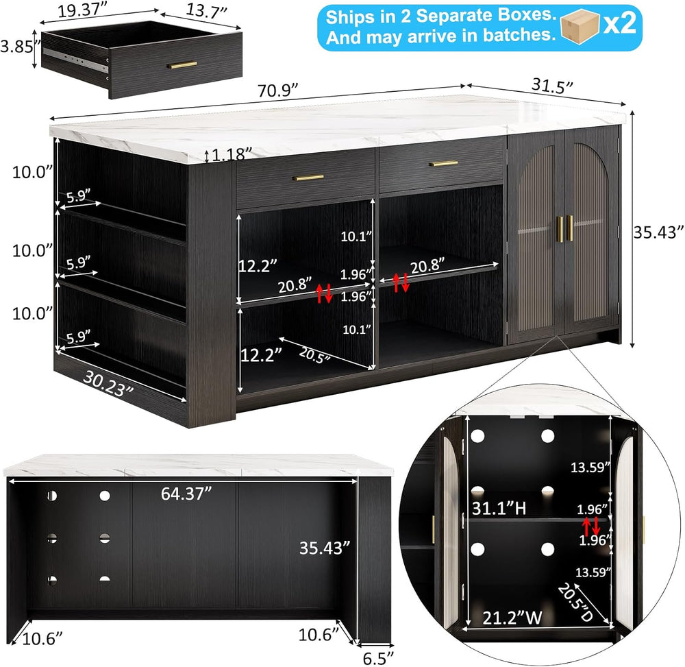 IBF 71" Modern Large Kitchen Island with Storage, White Faux Marble &amp...