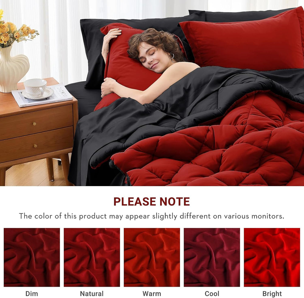 MUXHOMO Queen Comforter Set 7 Pieces, Reversible Bed in a Bag, Red/Black