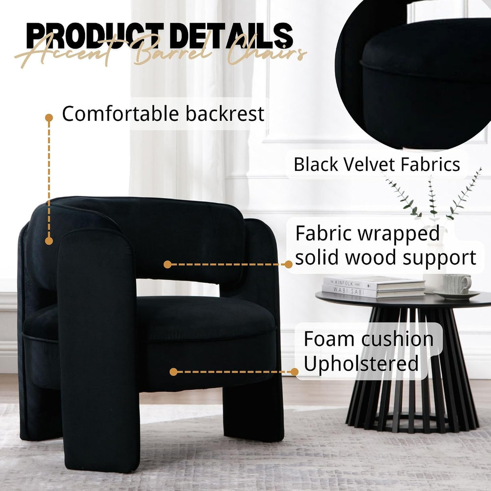 BESTANO Modern Barrel Accent Chair Set of 2, Black Velvet Upholstered Armchai...