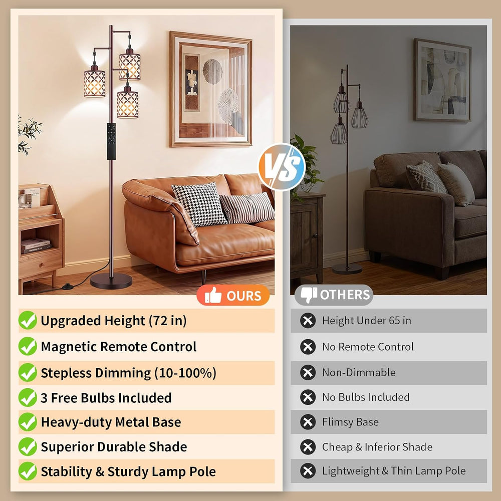 72" Dimmable Floor Lamp with Remote & Timer, Industrial Farmhouse Ru...