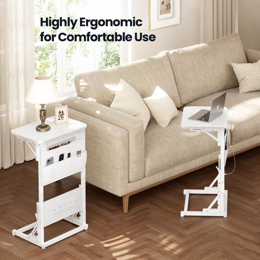 HLDIRECT C Shaped End Table with Charging Station & Storage Bag White