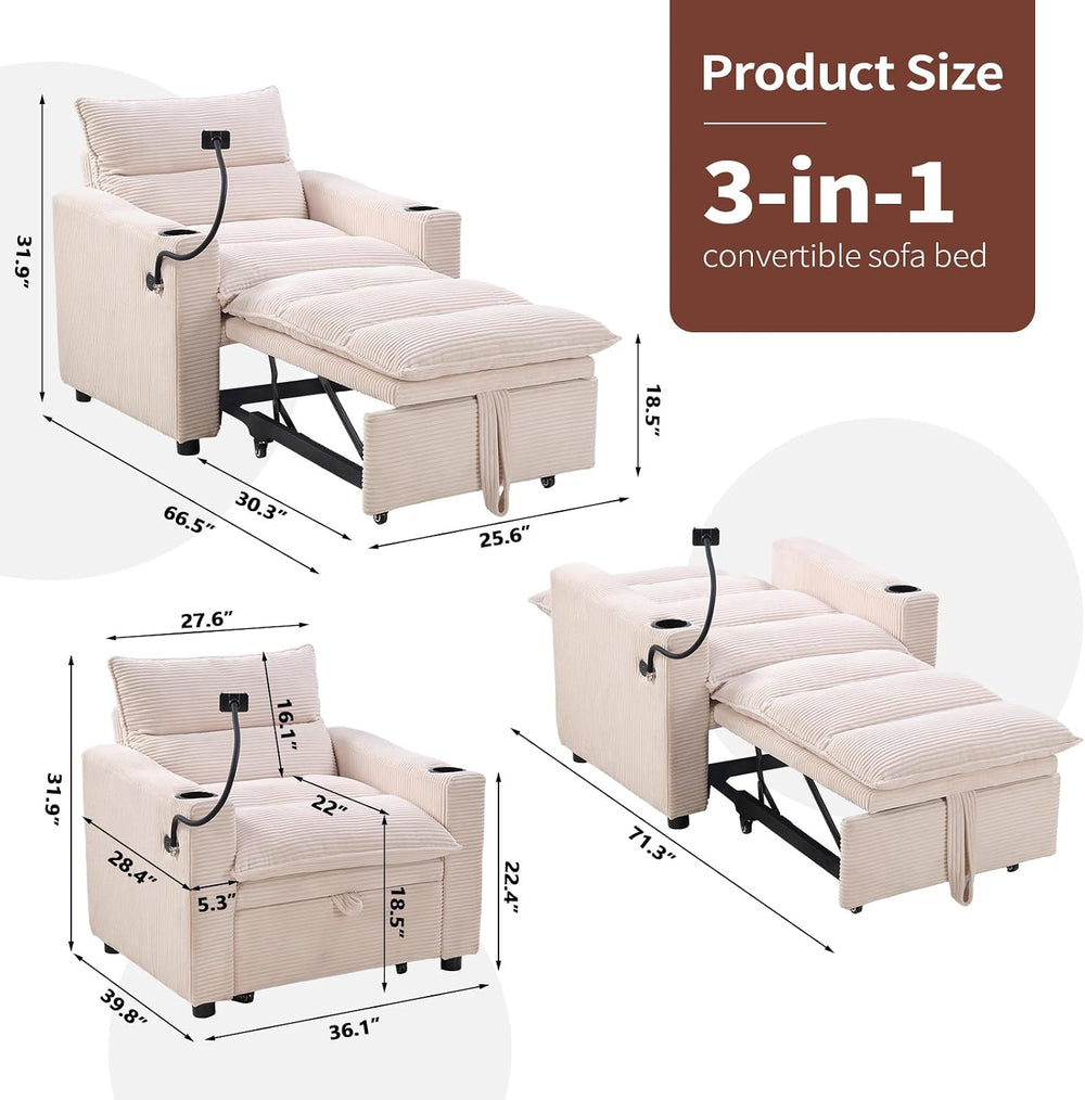 HAOMARKETS Corduroy Sleeper Sofa Bed with Cup Holders, 3-in-1 Convertible Pul...
